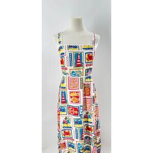 Commense White Coastal Print Maxi Dress Whimsy Cottage Fun Dress Large NWT